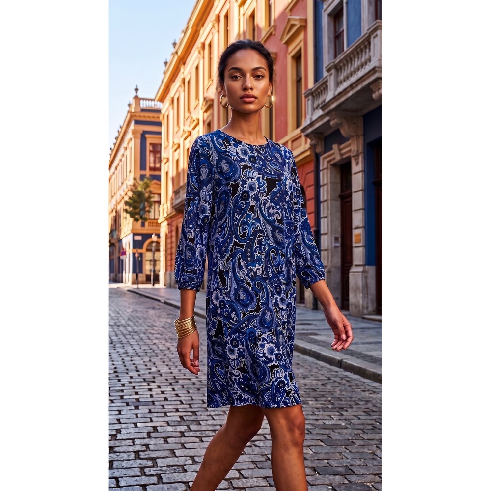 Apt. 9 Paisley Print Dress L Blue and Black 3/4 Cinched Sleeves Career Casual